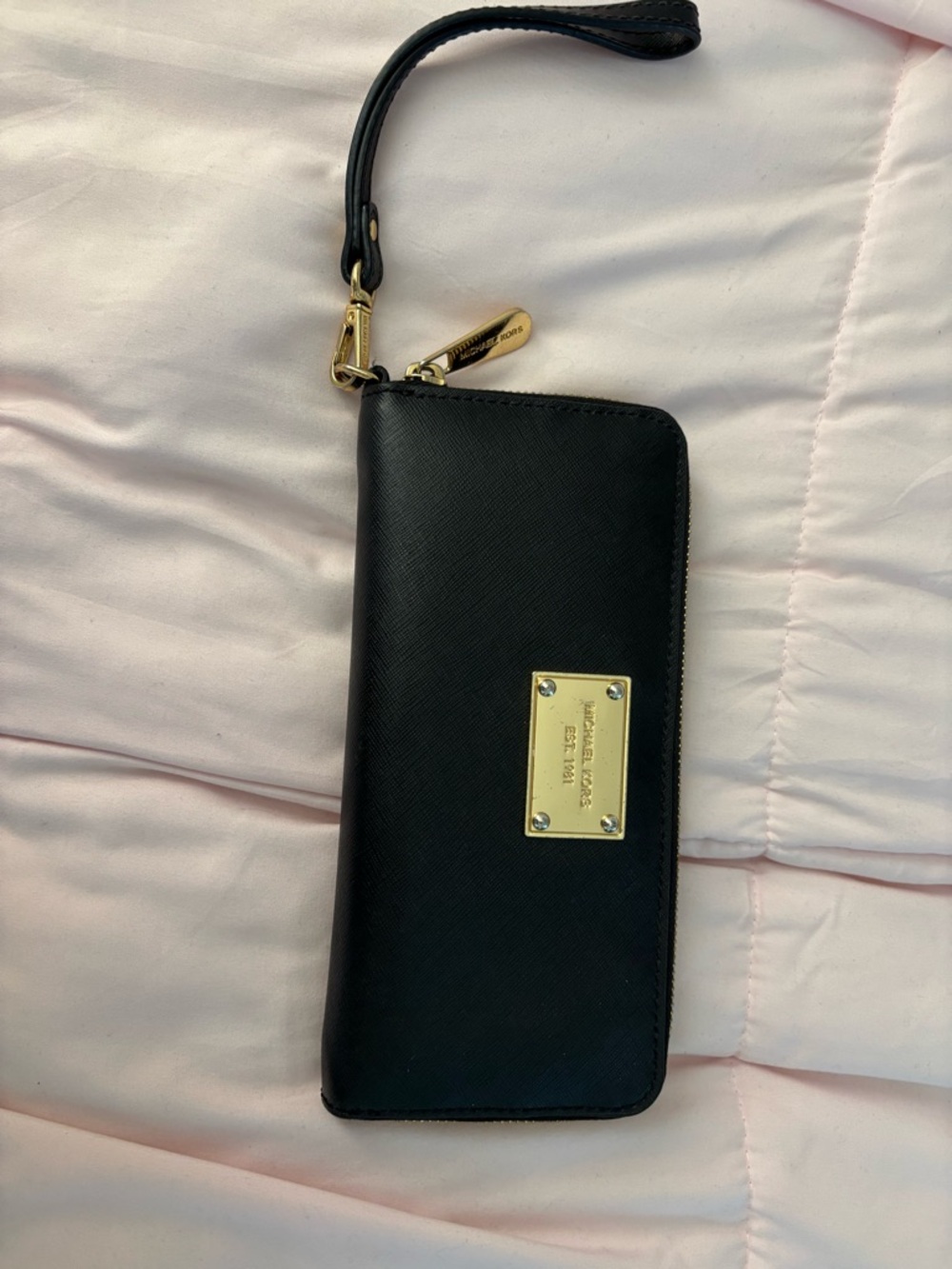 Michael Kors Black Saffiano Leather Wristlet Clutch with Gold Hardware